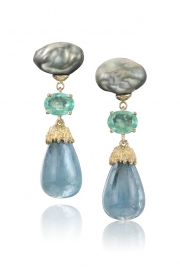 14k Gold Baroque Grey Pearls, Paraiba, and Aquamarine Earrings