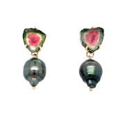 14k gold Watermelon Tourmaline and Tahitian Pearl Earrings