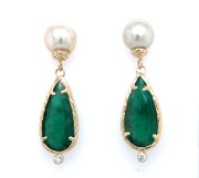 14k gold pearl, emerald, diamond drop earrings