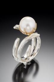 Sterling Silver and 14k Gold Coral and Pearl Ring
