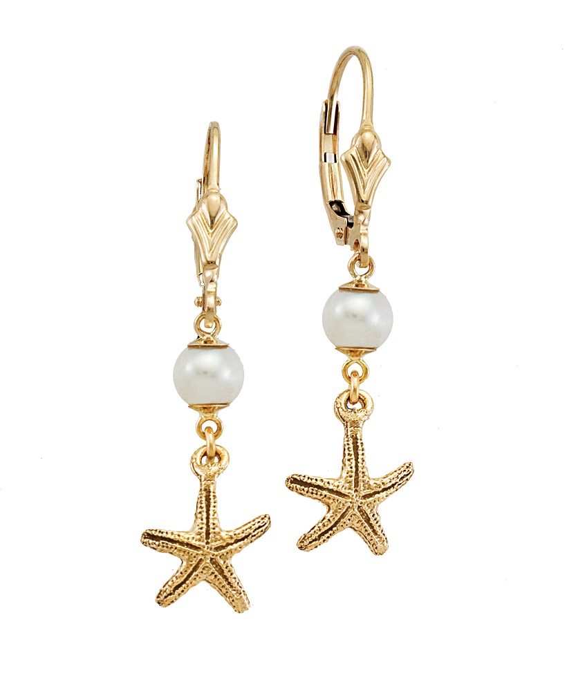 14k Gold Starfish and Pearl Drop Earrings