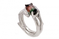 Sterling silver dolphin and coral sculpted ring with watermelon  tourmaline